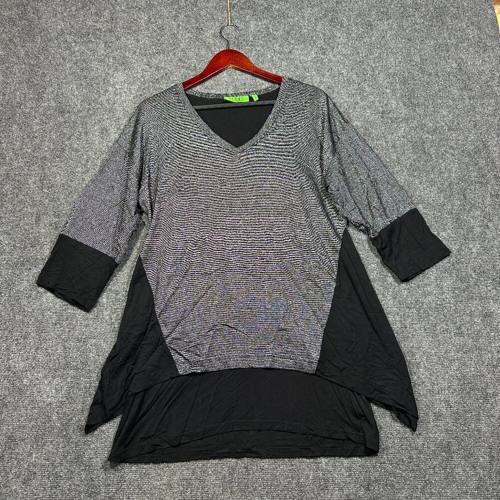 LOGO Lori Goldstein Womens Medium Tunic Top Black Silver Metallic Sparkle
